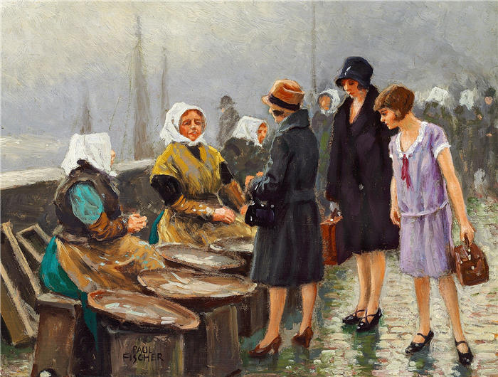保罗·费舍尔(Paul Fischer，丹麦画家)高清作品-《三位年轻女士在旧海滩上买鲜鱼 》
