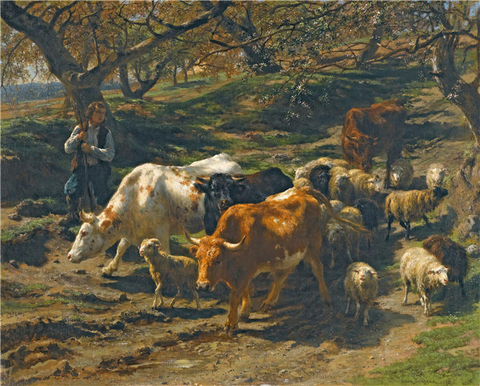 罗莎·博纳尔(rosa bonheur，法国画家)高清作品-《带着羊群的牧羊人（1852年）》