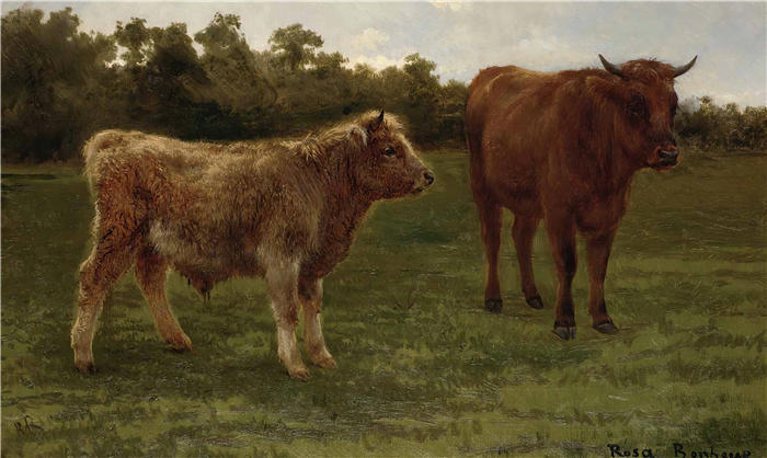 罗莎·博纳尔(rosa bonheur，法国画家)高清作品-《两只牛吃草》