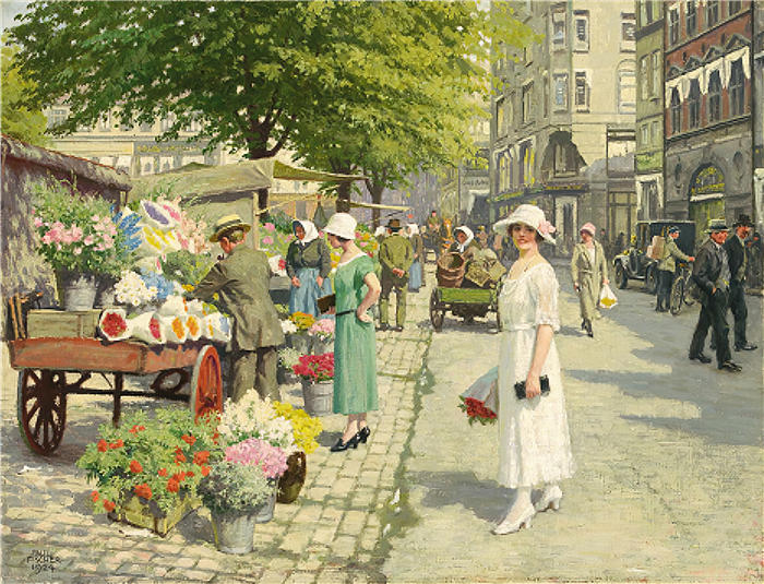 保罗·费舍尔(Paul Fischer，丹麦画家)高清作品-《在阿马格托夫买花的女士们（1924年）》