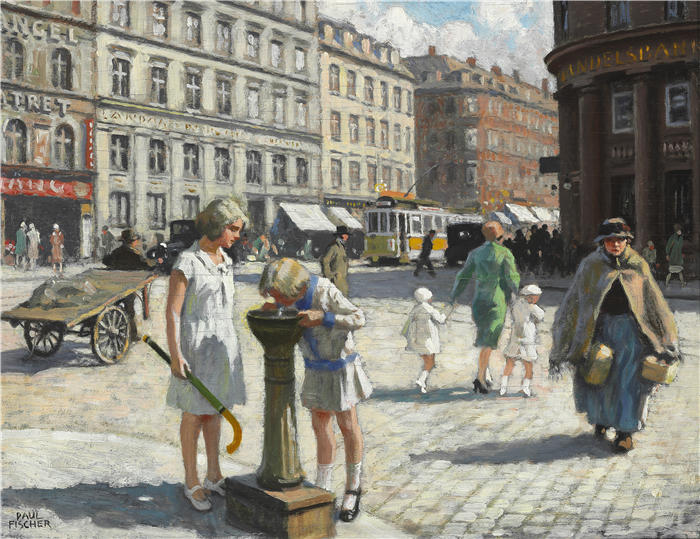 保罗·费舍尔(Paul Fischer，丹麦画家)高清作品-《在炎热的夏日在哥本哈根的三角区》
