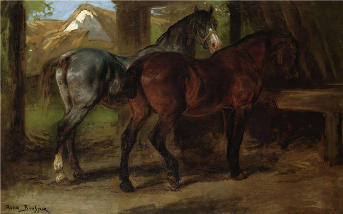 罗莎·博纳尔(rosa bonheur，法国画家)高清作品-《两匹马在马厩》