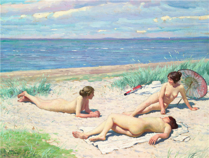 保罗·费舍尔(Paul Fischer，丹麦画家)高清作品-《海滩上的女孩》