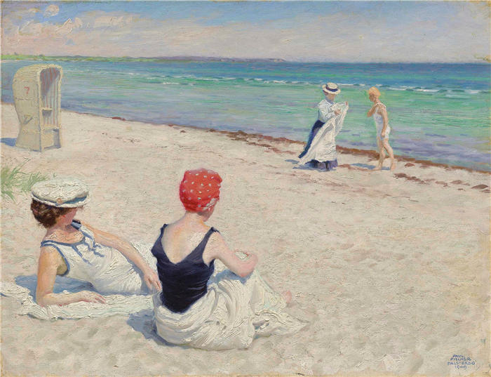 保罗·费舍尔(Paul Fischer，丹麦画家)高清作品-《在海滩上，法尔斯特布罗 (1909)》