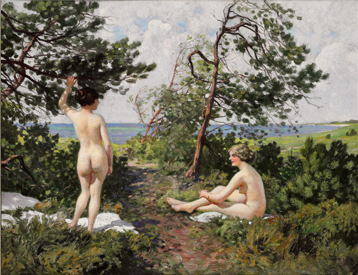 保罗·费舍尔(Paul Fischer，丹麦画家)高清作品-《两个正在洗澡的女孩 》