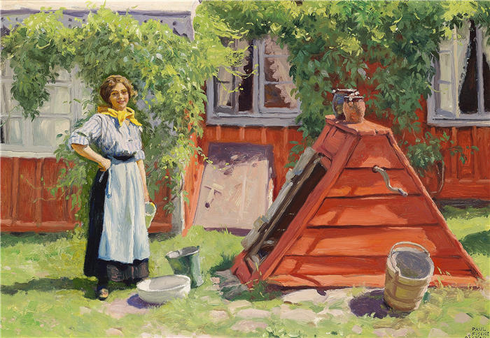 保罗·费舍尔(Paul Fischer，丹麦画家)高清作品-《瑞典红木屋旁井边的女孩》
