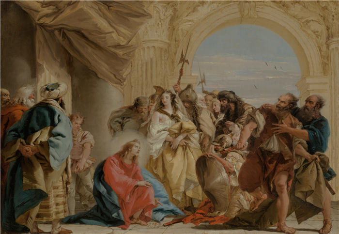 乔瓦尼·多梅尼科·蒂埃波洛（Giovanni Domenico Tiepolo，意大利画家）高清油画下载-《基督与被奸淫的女人（1752）》