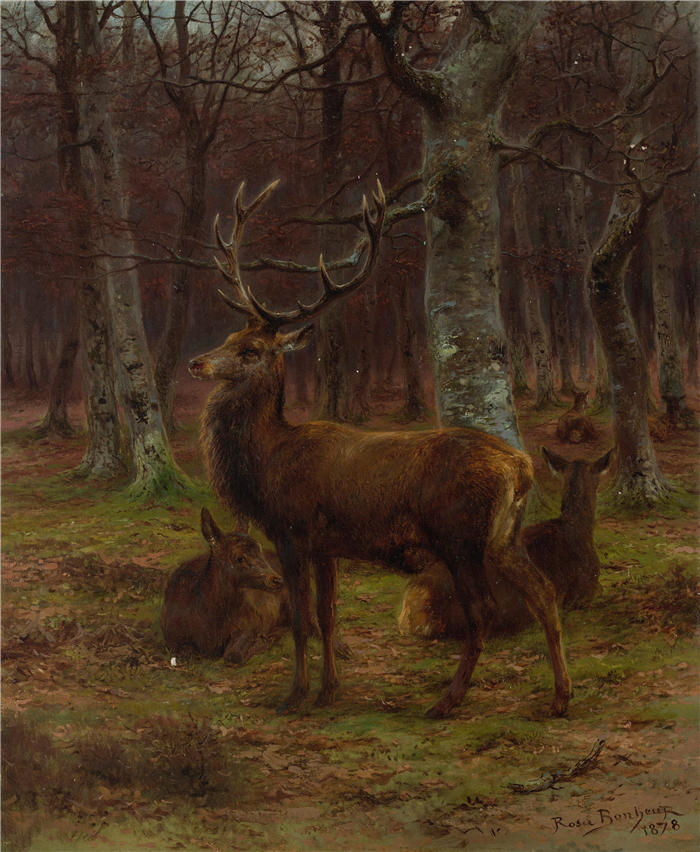 罗莎·博纳尔(rosa bonheur，法国画家)高清作品-《森林里的鹿和鹿，秋天（1878年）》