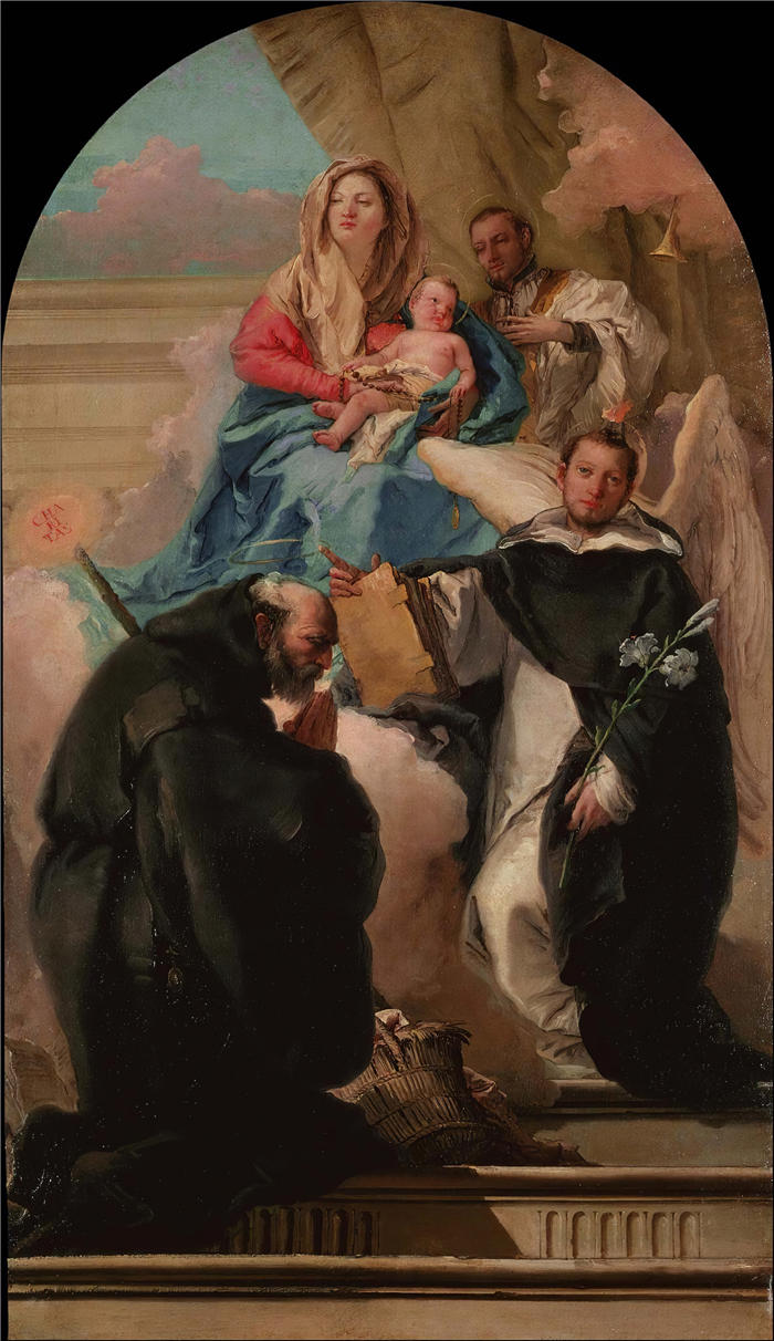 乔瓦尼·多梅尼科·蒂埃波洛（Giovanni Domenico Tiepolo，意大利画家）高清油画下载-《麦当娜与三圣童》