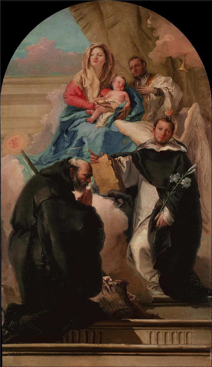 乔瓦尼·多梅尼科·蒂埃波洛(Giovanni Domenico Tiepolo,意大利画家)高清油画下载-《麦当娜与三圣童》