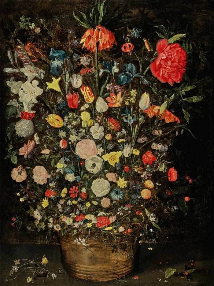 扬·布鲁格赫尔（ Jan Brueghel The Elder,意大利画家）高清作品-《木桶里放着一大束鲜花的静物画》