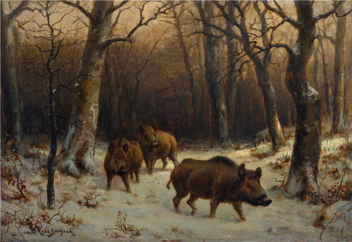 罗莎·博纳尔(rosa bonheur，法国画家)高清作品-《雪地里的野猪（c. 1872-1877）》
