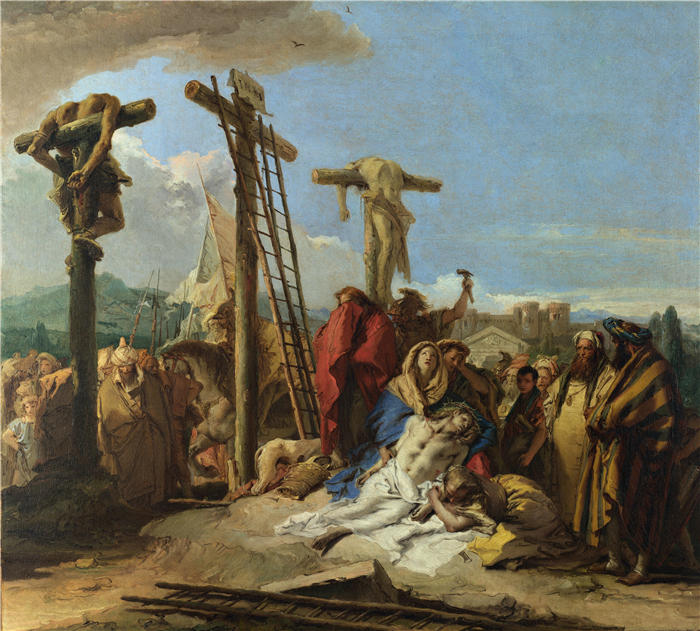 乔瓦尼·多梅尼科·蒂埃波洛（Giovanni Domenico Tiepolo，意大利画家）高清油画下载-《十字架脚下的悲叹》