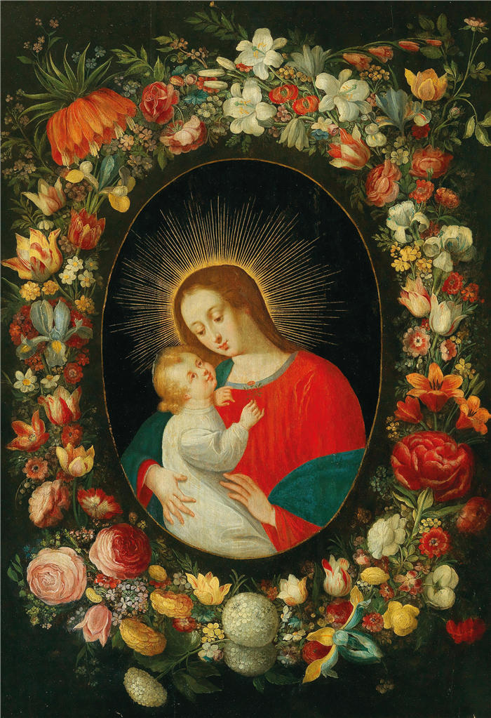 扬·布鲁格赫尔（ Jan Brueghel The Elder,意大利画家）高清作品-《圣母子在花环环绕的圆形花环中》