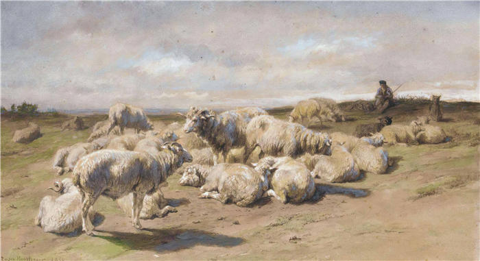 罗莎·博纳尔(rosa bonheur，法国画家)高清作品-《牧羊人与羊群休息（1850 年）》