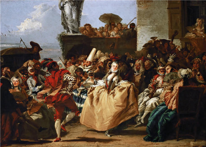 乔瓦尼·多梅尼科·蒂埃波洛（Giovanni Domenico Tiepolo，意大利画家）高清油画下载-《狂欢节场景或小步舞曲（1754-55）》