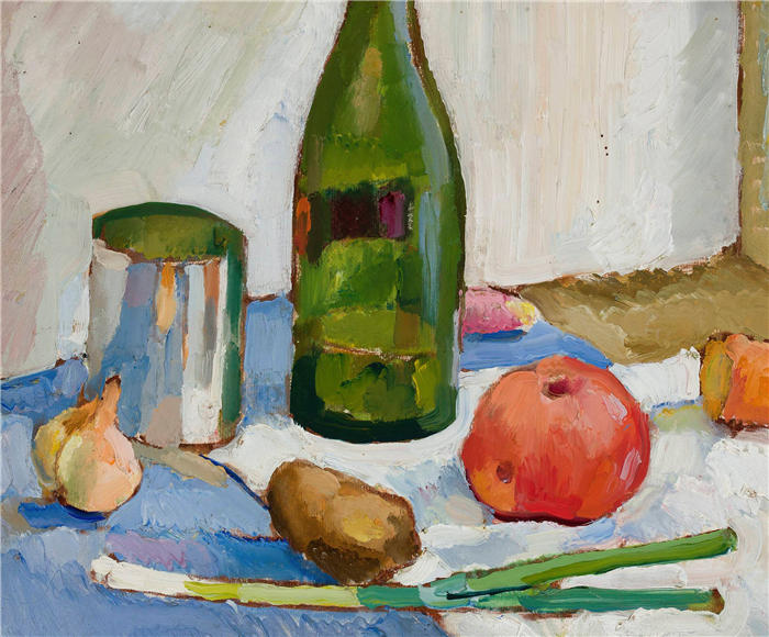 齐格蒙特·瓦利舍夫斯基（Zygmunt Waliszewski，波兰画家）高清作品-《带绿瓶的静物（1914-18 年）》