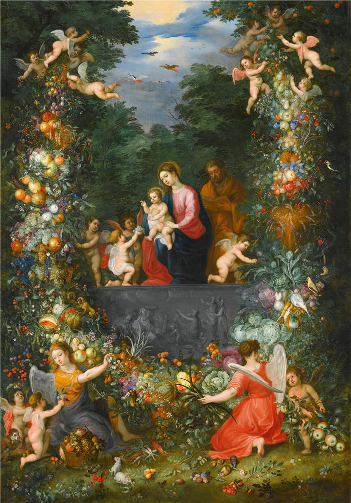 扬·布鲁格赫尔（ Jan Brueghel The Elder,意大利画家）高清作品-《天使拿着的水果、鲜花和蔬菜花环中的神圣家族》
