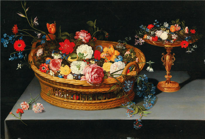 扬·布鲁格赫尔（ Jan Brueghel The Elder,意大利画家）高清作品-《篮子里的混合花，附近有塔扎》