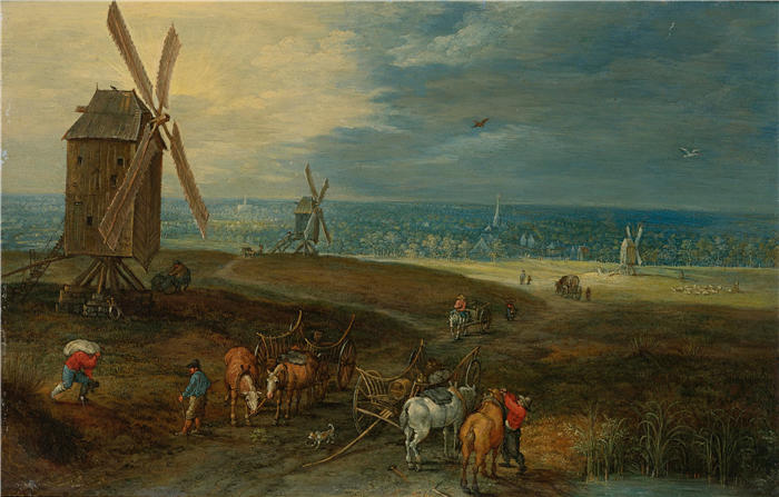 扬·布鲁格赫尔( Jan Brueghel The Elder,意大利画家)高清作品-《风车前有旅行者的广阔景观》