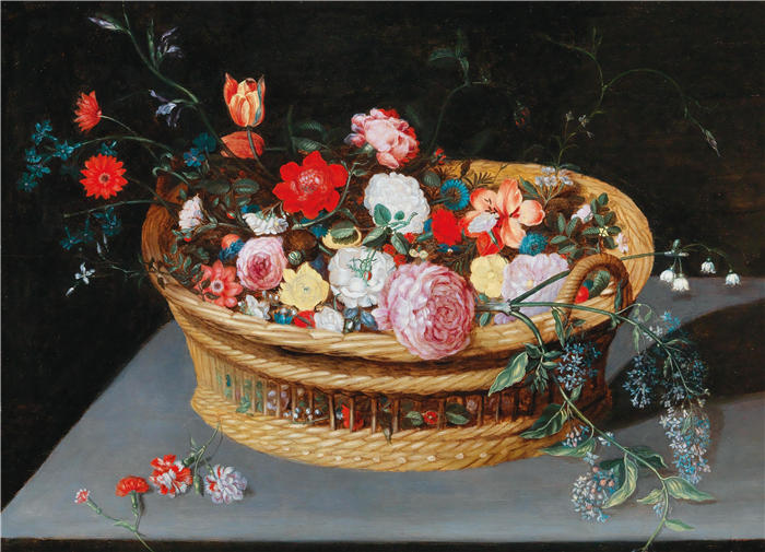 扬·布鲁格赫尔（ Jan Brueghel The Elder,意大利画家）高清作品-《石桌上放着春花的篮子》