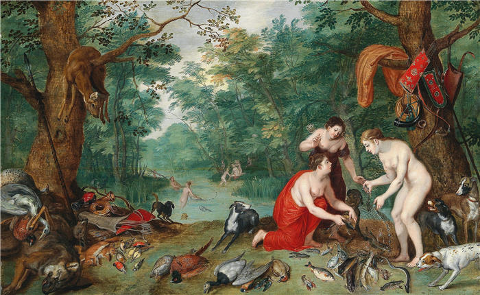 扬·布鲁格赫尔（ Jan Brueghel The Elder,意大利画家）高清作品-《戴安娜和她的仙女捕鱼（1620 年代）》