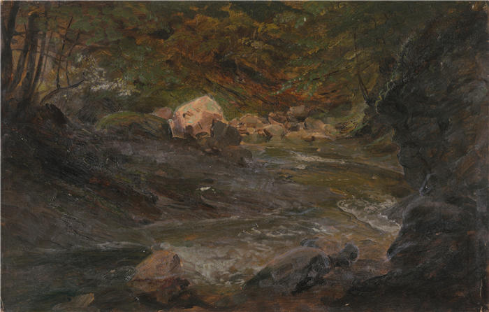 弗雷德里克·埃德温·丘奇(Frederic Edwin Church,美国画家)高清作品-《林地溪流 (1850–60)》