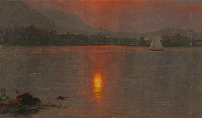 弗雷德里克·埃德温·丘奇(Frederic Edwin Church,美国画家)高清作品-《米利诺基特湖,日落 (1870–80)》