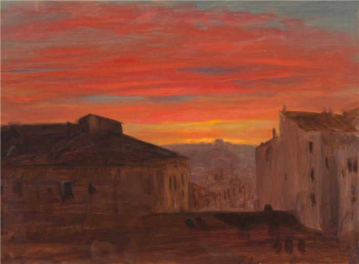 弗雷德里克·埃德温·丘奇(Frederic Edwin Church,美国画家)高清作品-《罗马 Pincio 日落时的屋顶(1868 年末或 1869 年初)》