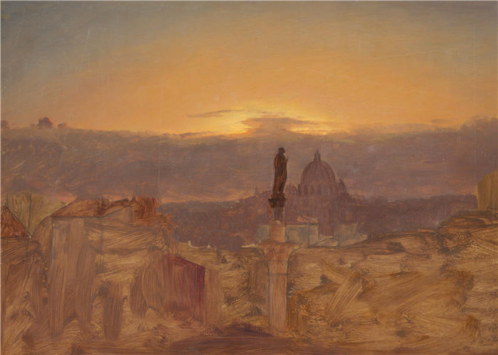 弗雷德里克·埃德温·丘奇(Frederic Edwin Church,美国画家)高清作品-《罗马 Pincio 的圣彼得大教堂(1868 年末或 1869 年初)》