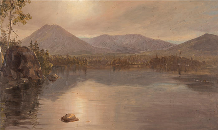 弗雷德里克·埃德温·丘奇(Frederic Edwin Church,美国画家)高清作品-《缅因州卡塔丁湖的卡塔丁和特纳山 (1855–60)》