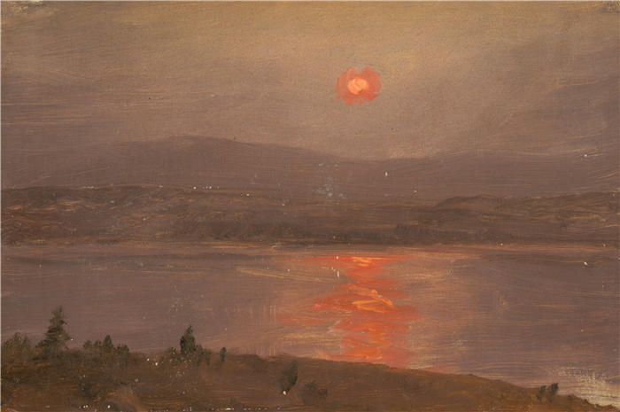 弗雷德里克·埃德温·丘奇（Frederic Edwin Church，美国画家）高清作品-《日落时横跨哈德逊河的景色（约 1890 年）》