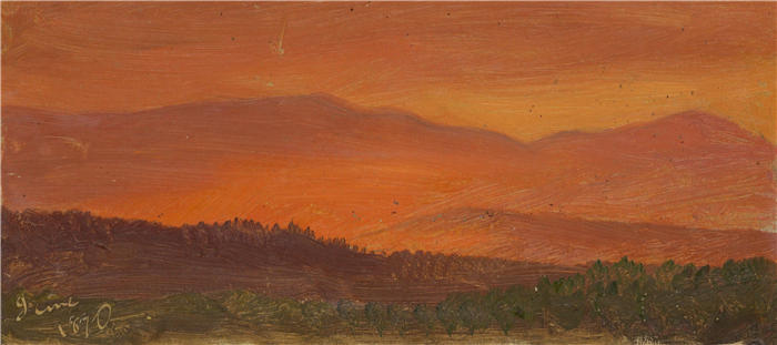 弗雷德里克·埃德温·丘奇（Frederic Edwin Church，美国画家）高清作品-《日落时的哈德逊山谷和远山（1870 年）》
