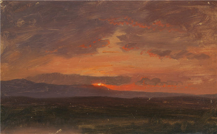 弗雷德里克·埃德温·丘奇(Frederic Edwin Church,美国画家)高清作品-《纽约哈德逊河谷与卡茨基尔山脉后面的日落(1855-65 年)》