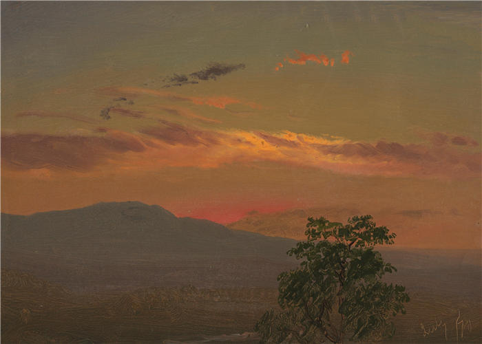 弗雷德里克·埃德温·丘奇(Frederic Edwin Church,美国画家)高清作品-《日落时的风景,纽约州哈德逊(1870 年)》