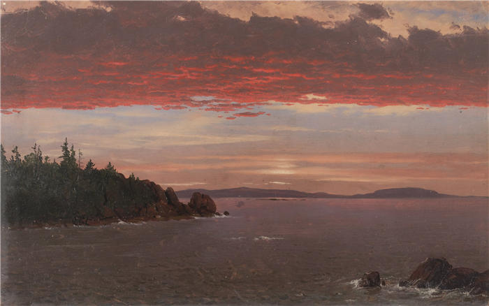 弗雷德里克·埃德温·丘奇(Frederic Edwin Church,美国画家)高清作品-《日出时沙漠山的斯库迪克半岛(1850-55 年)》