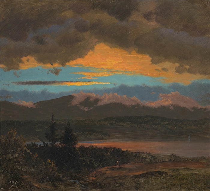 弗雷德里克·埃德温·丘奇(Frederic Edwin Church,美国画家)高清作品-《纽约哈德逊河谷的日落(1870 年)》