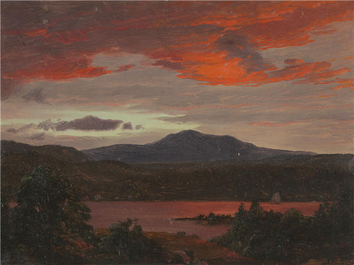 弗雷德里克·埃德温·丘奇(Frederic Edwin Church,美国画家)高清作品-《缅因州卡塔丁湖的卡塔丁山(约 1853 年)》