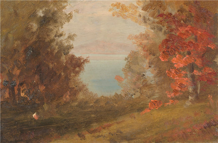 弗雷德里克·埃德温·丘奇(Frederic Edwin Church,美国画家)高清作品-《秋季林地场景(哈德逊、纽约或缅因州)(1860-70 年)》