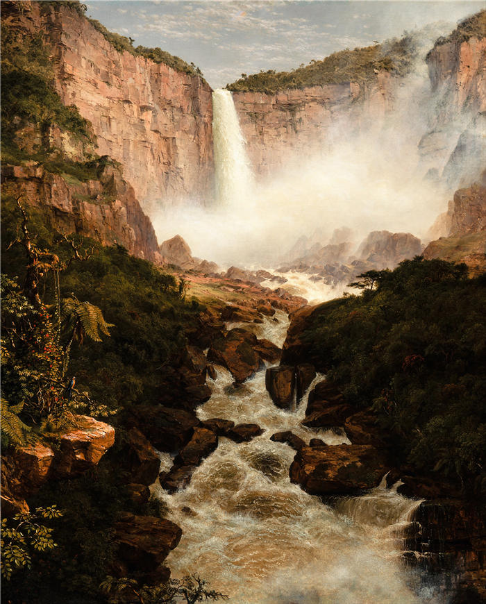 弗雷德里克·埃德温·丘奇（Frederic Edwin Church，美国画家）高清作品-《新格拉纳达波哥大附近的 Tequendama 瀑布（1854 年）》