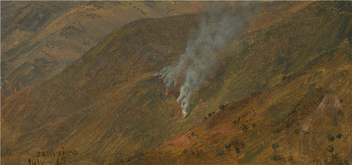 弗雷德里克·埃德温·丘奇（Frederic Edwin Church，美国画家）高清作品-《山腰烧火（1865）》