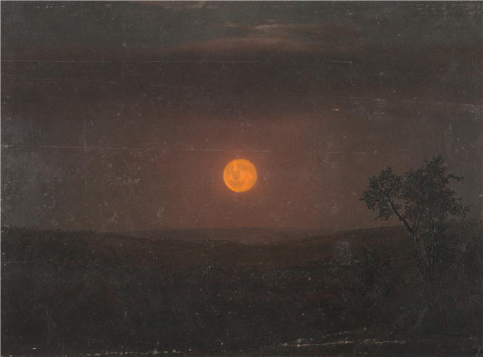 弗雷德里克·埃德温·丘奇（Frederic Edwin Church，美国画家）高清作品-《月光，教堂的农场（约 1865 年）》