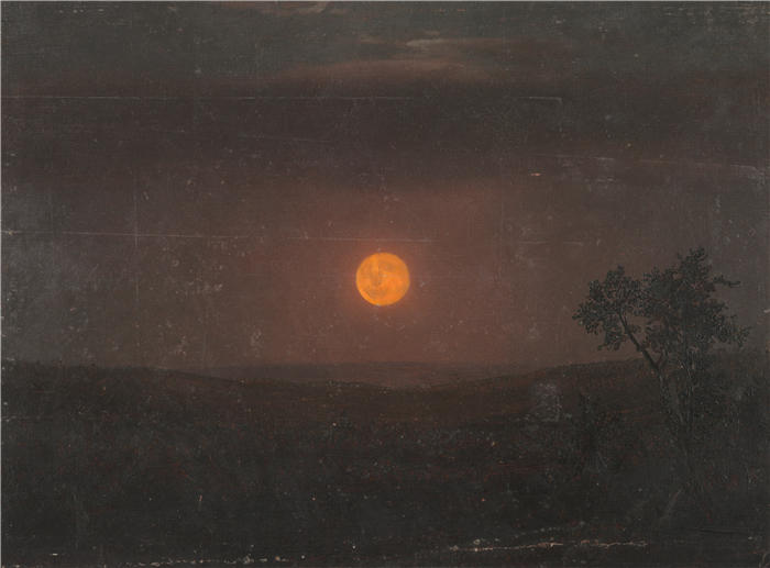 弗雷德里克·埃德温·丘奇(Frederic Edwin Church,美国画家)高清作品-《月光,教堂的农场(约 1865 年)》