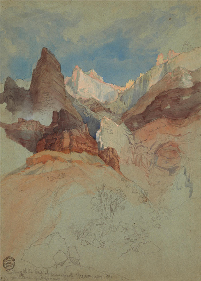 弗雷德里克·埃德温·丘奇（Frederic Edwin Church，美国画家）高清作品-《在亚利桑那州大峡谷的光明天使中仰望小径（1901 年）》