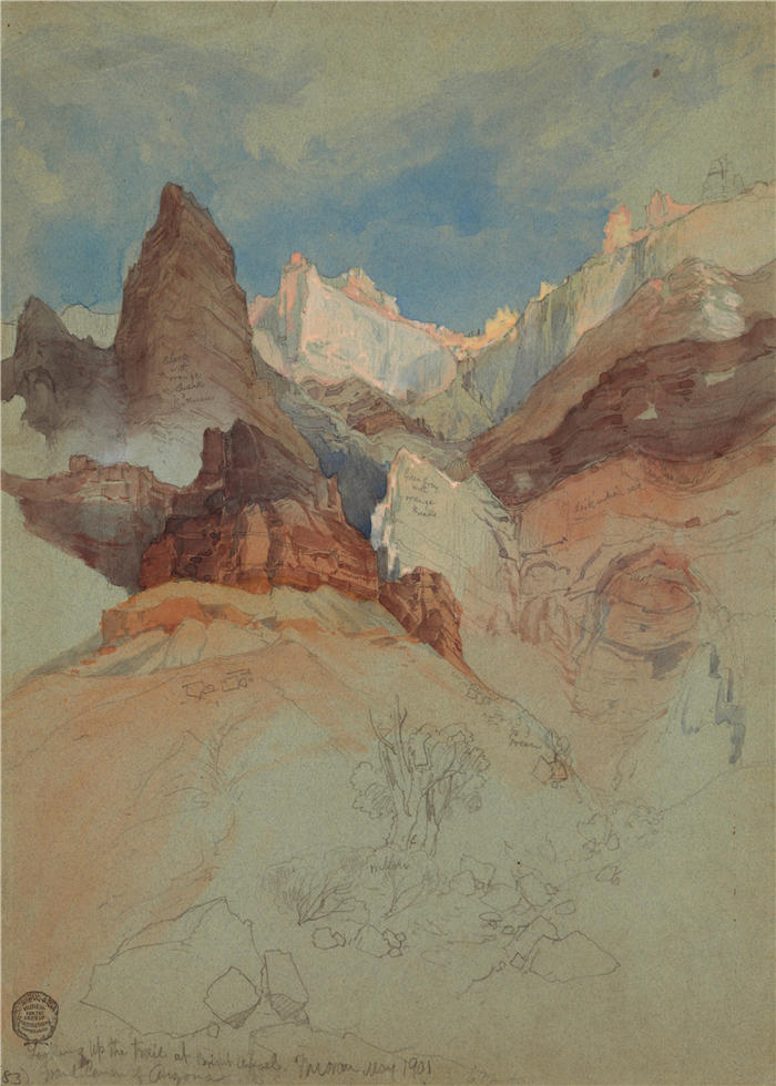弗雷德里克·埃德温·丘奇(Frederic Edwin Church,美国画家)高清作品-《在亚利桑那州大峡谷的光明天使中仰望小径(1901 年)》