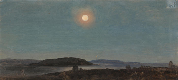 弗雷德里克·埃德温·丘奇（Frederic Edwin Church，美国画家）高清作品-《太阳或月亮在豪猪群岛上空升起，巴尔港（约 1860 年）》