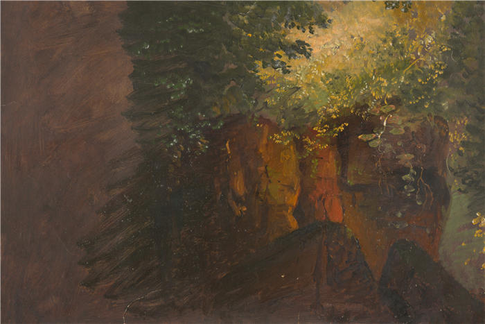 弗雷德里克·埃德温·丘奇（Frederic Edwin Church，美国画家）高清作品-《有岩石的林地场景（1860-70 年）》