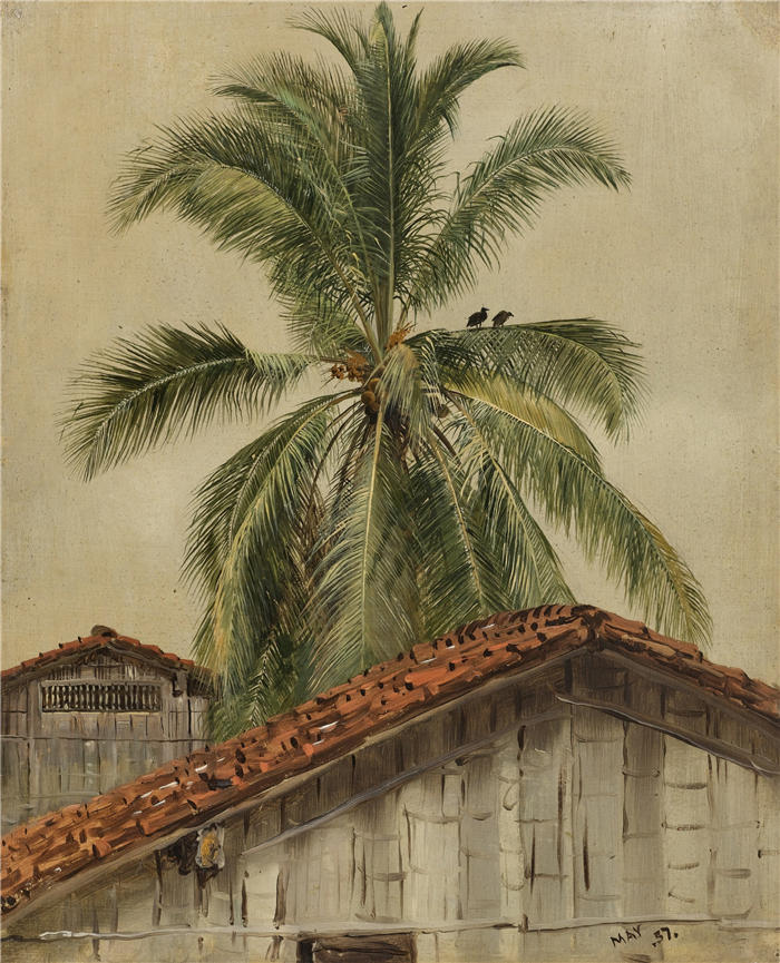 弗雷德里克·埃德温·丘奇（Frederic Edwin Church，美国画家）高清作品-《棕榈树和屋顶，厄瓜多尔（1857 年）》