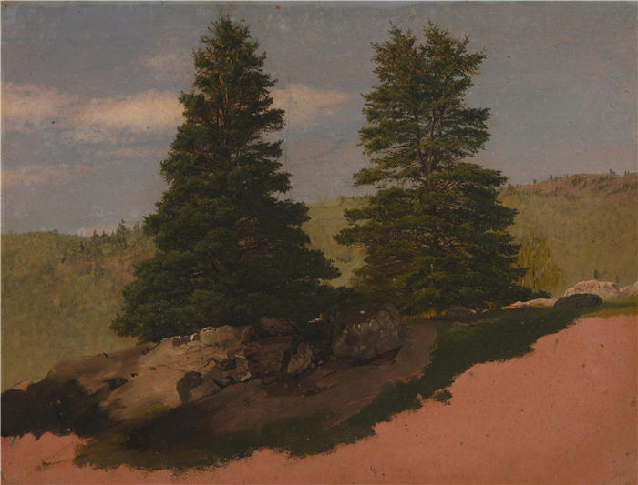 弗雷德里克·埃德温·丘奇（Frederic Edwin Church，美国画家）高清作品-《新英格兰风景（两棵松树）（1850 年）》