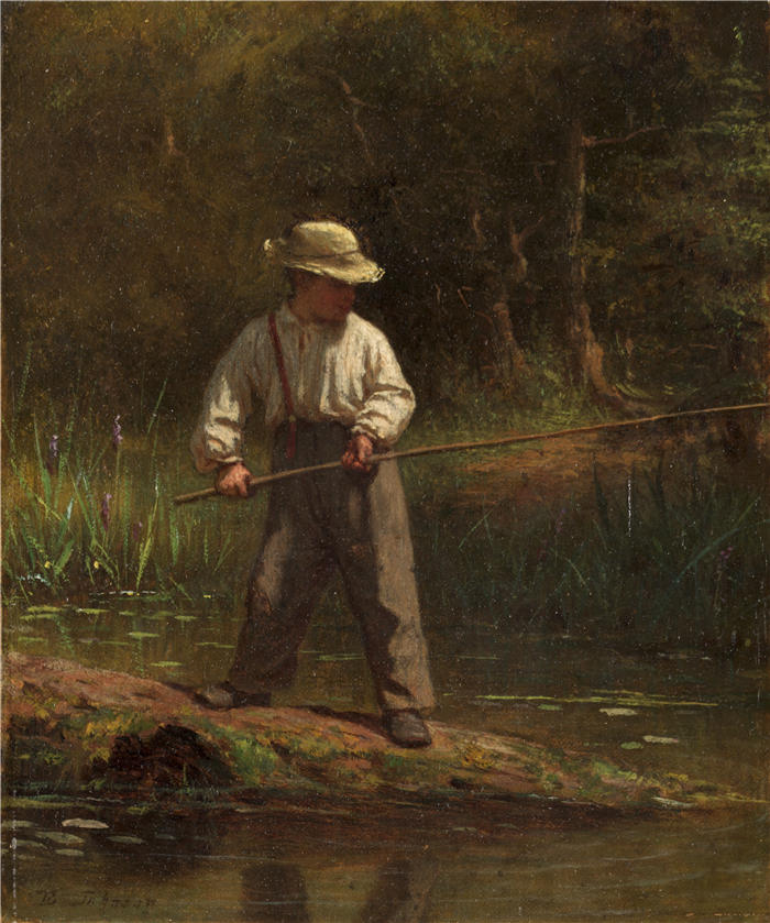 伊士曼·约翰逊（Eastman Johnson，美国画家）高清作品-《男孩钓鱼（1860 年代）》